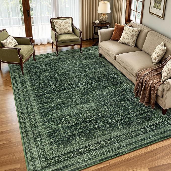 5x7 Area Rugs for Living Room Bedroom, Washable Large Rugs Non-Slip | Vintage Distressed Retro; Low Pile; Stain Resistant; Neutral Boho Carpet for Dining Room, Nursery, Home Office; Moss Green
