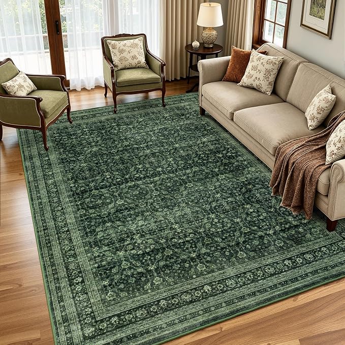 6x9 Area Rugs for Living Room Bedroom, Washable Large Rugs Non-Slip | Vintage Distressed Retro; Low Pile; Stain Resistant; Neutral Boho Carpet for Dining Room, Nursery, Home Office; Moss Green