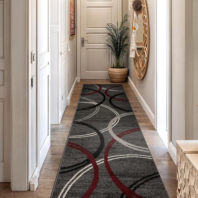 Rugshop Wavy Circles Modern Non-Shedding Runner Rug Red 2'7" x 10'