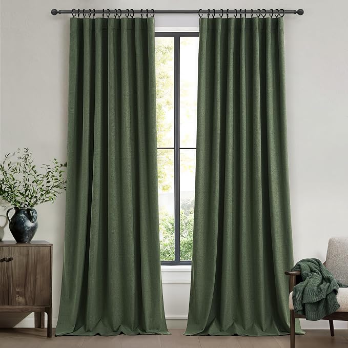 QJmydeco Elegant Blackout Curtains for Living Room Dark Olive Green Linen Blended Closet Cover Curtains 90 Inch Length 2 Panels Set Long Kitchen Drapes Back Tab/Rod Pocket/Hook Belt