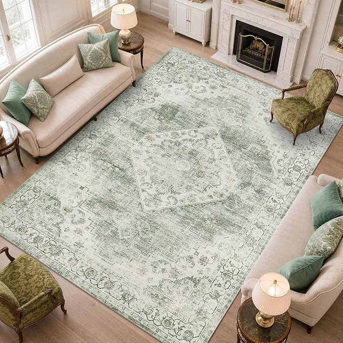 Garvee Sage Green 6x9 Area Rugs for Living Room, Boho Vintage Non-Slip Washable Low-Pile Stain Resistant Soft Carpet for Bedroom Home Office Nursery Kitchen Room Decor