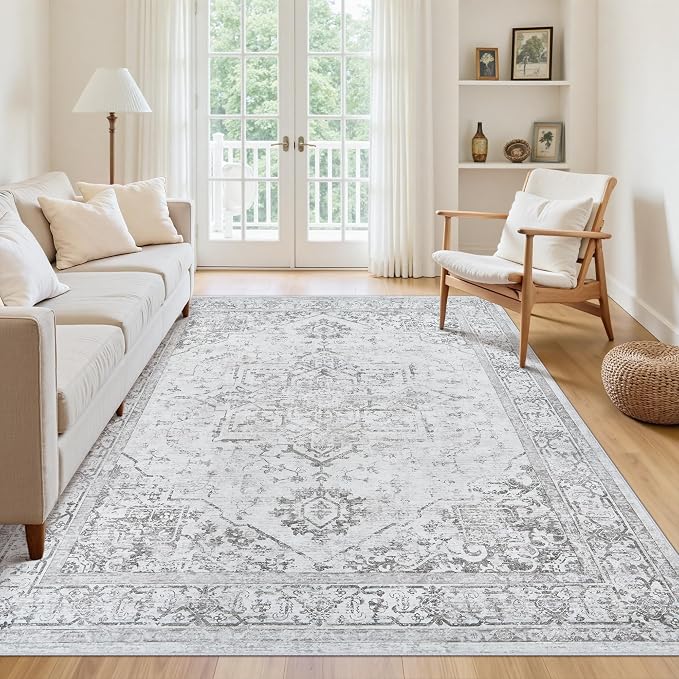 5x7 Area Rugs for Bedroom:Gray Washable Vintage Medallion Rug Non-Slip Soft Low Pile Large Rugs Indoor Retro Carpet for Living Room Kitchen Nursery Dining Table Office (Gray, 5'x7')