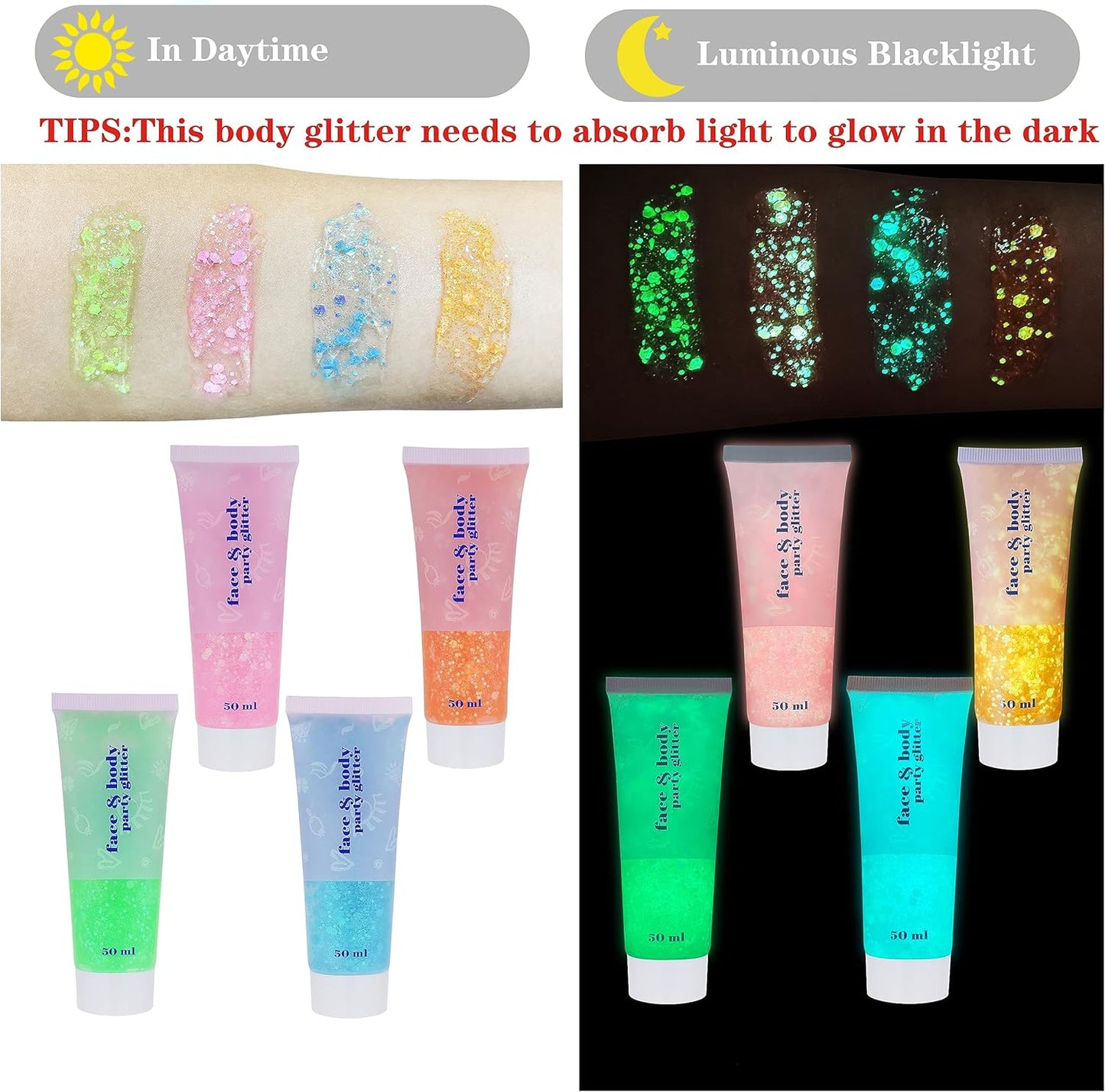 MEICOLY Neon Pink Body Glitter Gel,UV Blacklight Chunky Face Glitter Gel,Glow in The Dark Glitter Paint,Singer Concert Music Festival Party Rave Accessories,Halloween Glitter Makeup for Women,50ml