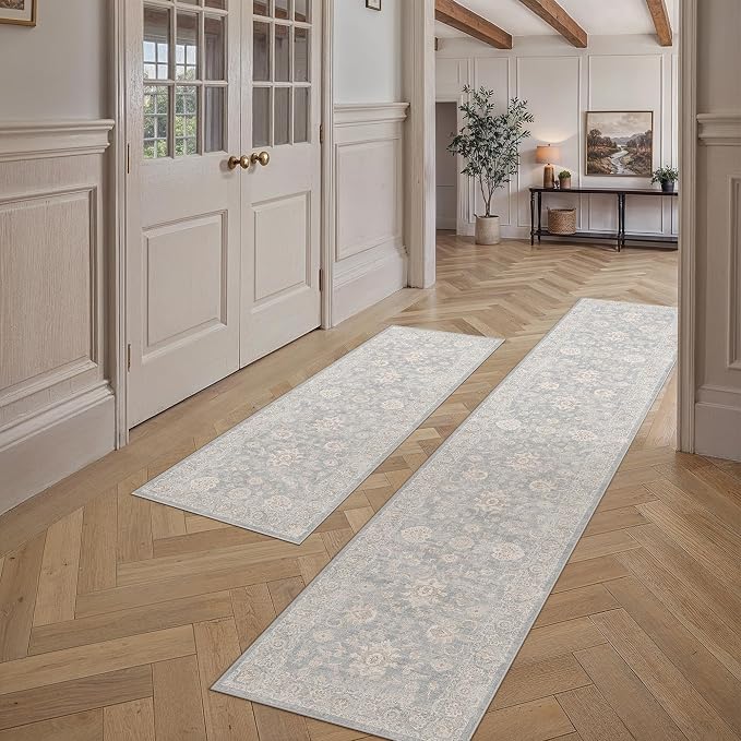 2 Piece Blue Cream Washable Kitchen Rug Set Neutral Floral Soft Non Slip Runner Mats Low Pile Distressed Long Area Rugs for Floor Sink Laundry Hallway Bathroom, 2x6 + 2x10