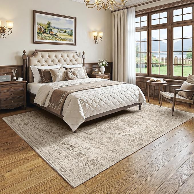 FMFUNCTEX 6x9 Washable Area Rug Brown Vintage Neutral Distressed Oriental Large Non Slip Carpet for Living Room Bedroom Soft Low Pile Indoor Mat Retro Throw Rug for Dining Room Kitchen Office Nursery