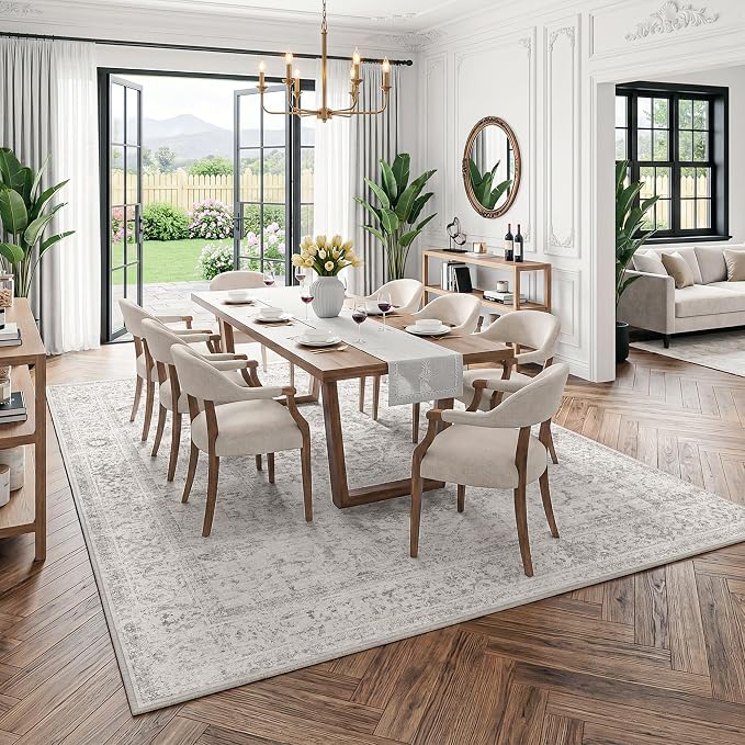 FMFUNCTEX 6x9 Washable Area Rug Grey Vintage Neutral Distressed Oriental Large Non Slip Carpet for Living Room Bedroom Soft Low Pile Indoor Gray Retro Throw Rug for Dining Room Kitchen Office Nursery
