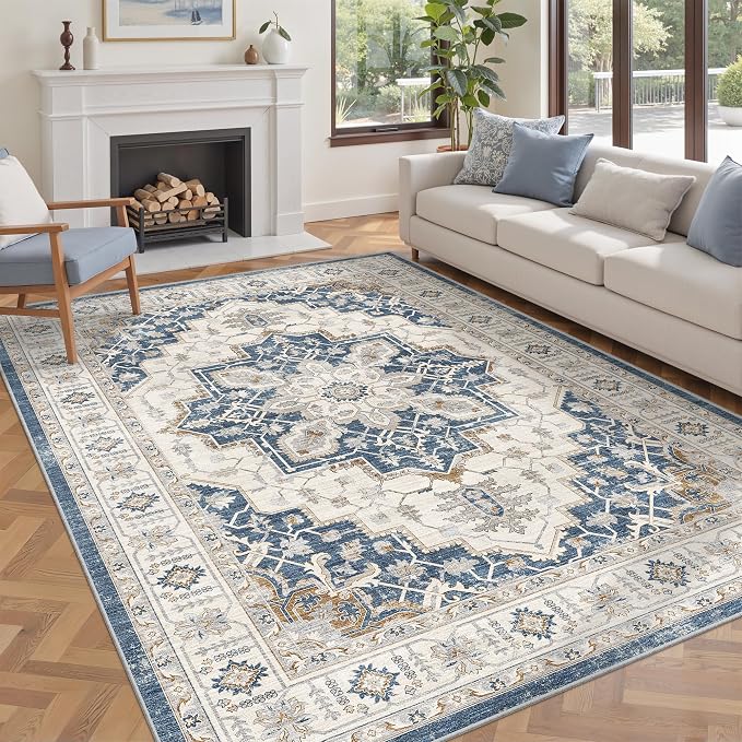 befbee 5x7 Area Rug for Living Rooms, Stain Resistant Neutral Washable Rugs for Dining Rooms, Floral Vintage Non-Slip Thin Large Size Area Rugs(Blue)