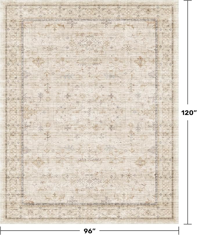 Hazo Haus Washable Ivory Living Room Rug, 8x10 Non Slip Area Rugs for Bedroom, Dinning Room Under Table Low Pile Neutral Farmhouse Vintage Foldable Decor