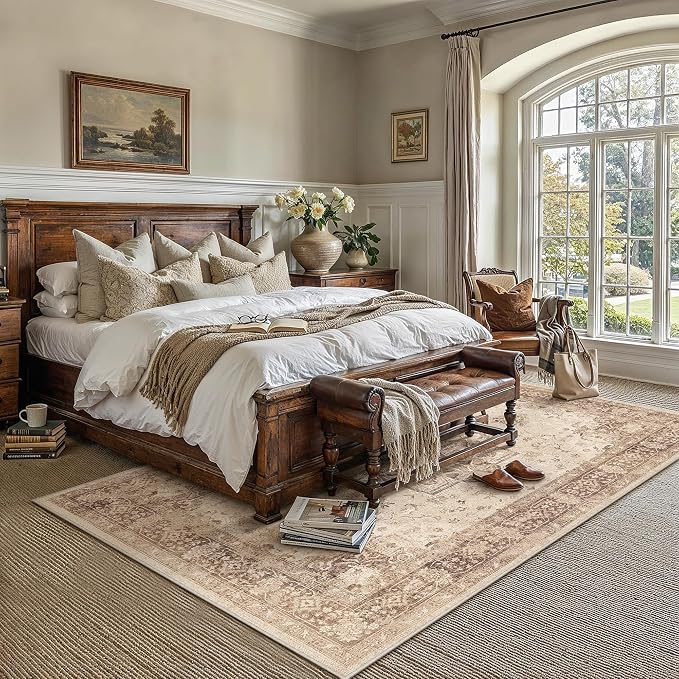PureCozy Brown 8x10 Area Rug Washable Vintage Living Room Carpet Non Slip Retro Distressed Low Pile Soft Oriental Medallion Thin Large Throw Rug for Office Bedroom Dining Room Playroom