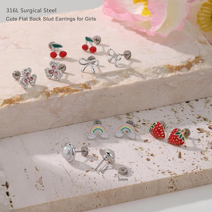 18 Pairs Hypoallergenic Screw Back Earrings for Girls Women Sensitive Ears Surgical Stainless Steel Butterfly Cherry Strawberry Rainbow Stud Flat Back Earrings for Kids Little Girl Teens Gift