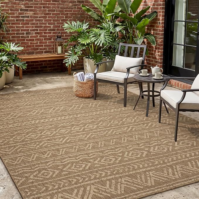 MontVoo-Outdoor Rug-Patio Rug 4x6 Polypropylene Indoor Outdoor Rugs Outdoor Carpet for Patio Deck Balcony Porch, Textured Weave, Durable for High Traffic, Fade-Resistant, Boho Farmhouse Neutral Brown
