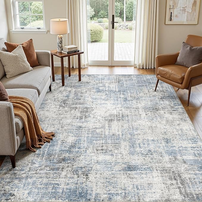 Washable 6x9 Area Rug for Living Room - Modern Abstract Carpet with Non-Slip Backing, Low Pile & Soft, Stain Resistant, Kid & Pet Friendly Decor for Bedroom & Dining Room - Blue Grey