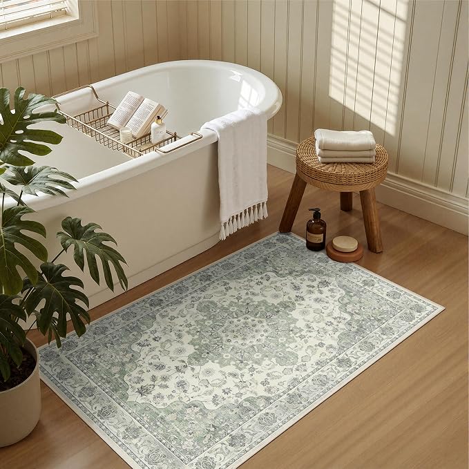 Washable Entryway Runner Rug - 2x3 Kitchen Rug Distressed Low Pile Mats Non Slip Soft Rugs for Dining Room with Rubber Backing Bedroom Runner with Vintage Design (Green 2x3)