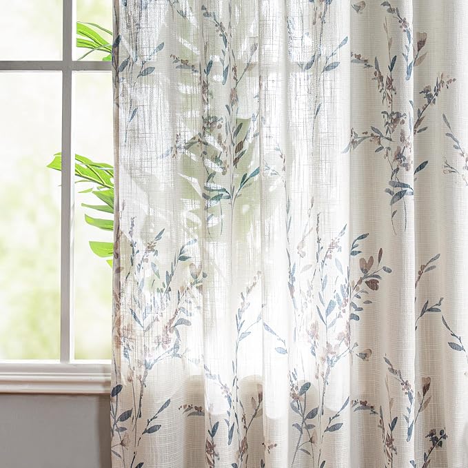 MYSKY HOME Sheer Floral Curtains for Living Room 95 Inch Long, Look Vertical Drapes Bedroom Light Filtering Privacy Added Farmhouse Style Texture Soft Touch for Dining Room, Navy Blue, 2 Panels