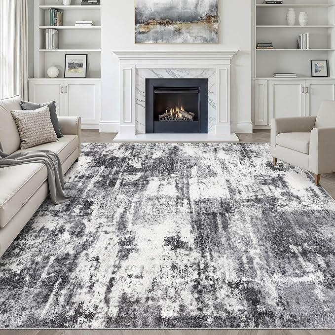 7x9 Area Rug Living Room: Washable Large Neutral Rug Abstract Soft Modern Stain Resistant Indoor Floor Non-Slip Carpet for Bedroom Nursery Kids Office Playroom Dining Room Under Table- Black White