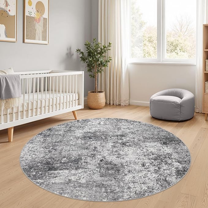 DMOYEST 5ft Round Area Rug Living Room Rugs - 5x5 Washable Large Soft Indoor Neutral Modern Abstract Low Pile Rug Carpet for Bedroom Dining Room Farmhouse Home Office - Grey