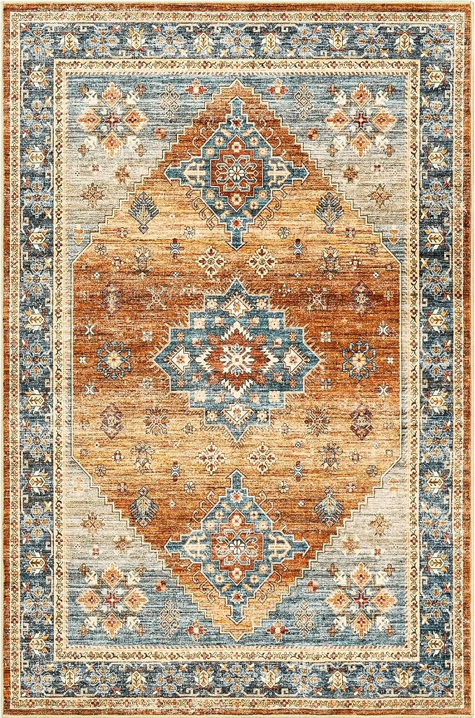 Roxstand 5x7 Washable Area Rugs, Non Slip Living Room Rug Navy/Orange | Low Pile Vintage Rug, Stain Resistant, Non-Shedding Design, Pet & Kid Friendly, Carpet for Bedroom, Dining Room Office