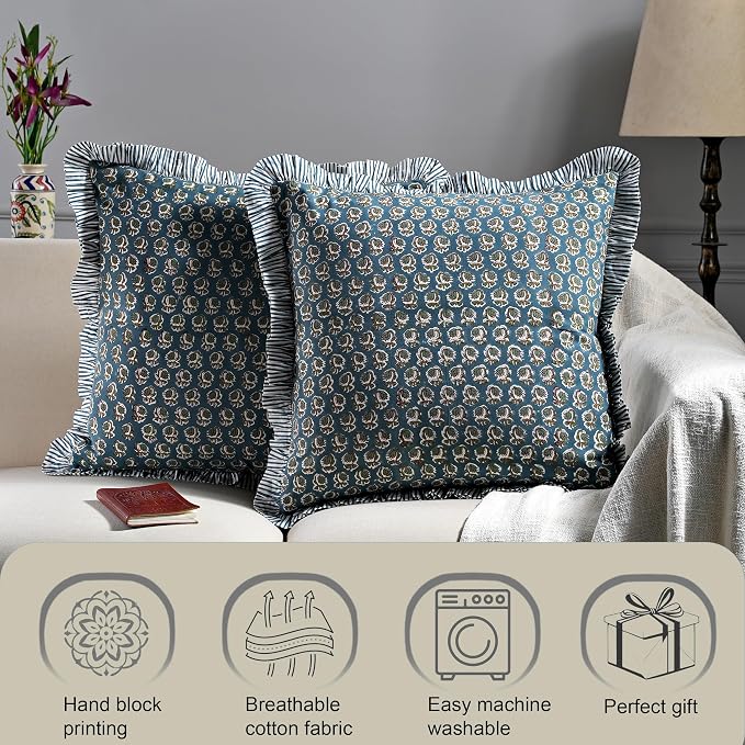 Ridhi Block Print Peacock Blue Throw Pillow Cover 18" x 18" (Pack of 2) Decorative Cushion Covers with Ruffle for Couch, Sofa, Bed, Living Room, Home Decor Gift for Spring, Easter, Valentine