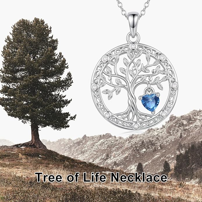 Tree of Life Birthstone Necklace 925 Sterling Silver Crystal Tree of Life Pendant Birthstone Jewelry Birthday Christmas Gifts for Women Mom Her Wife