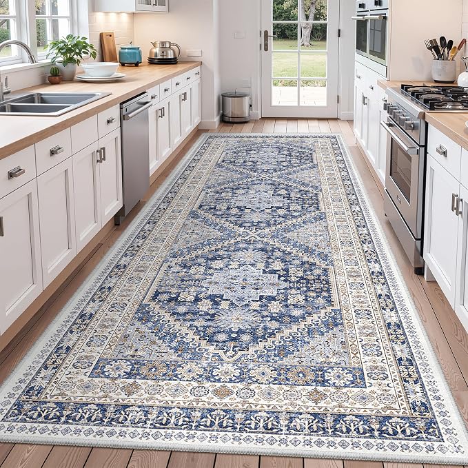 zesthome 4x12 Runner Rug for Hallway, Low-Pile Wide Runner for Entryway, Long Washable Non-Slip Kitchen Rug, Soft Modern Home Decor Mat for Living, Laundry Room(Blue/Beige,4'x12')