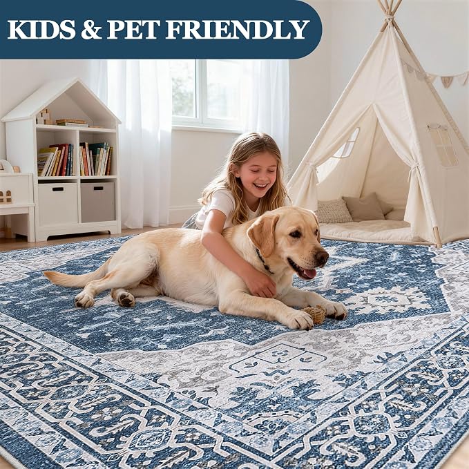 5x7 Area Rugs for Living Room:Blue Washable Vintage Medallion Boho Rug Non-Slip No Slip Stain Resistant Soft Low Pile Large Rugs Indoor Retro Carpet for Bedroom Nursery Dining Office (Blue 5'x7')