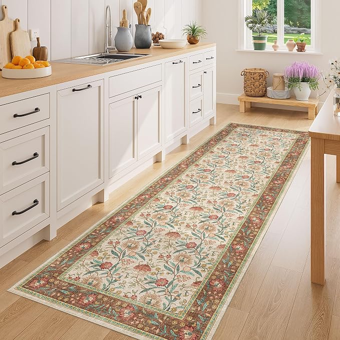 DUKINO 2x6 Runner Rug, Washable Vintage Floral Kitchen Rug, Brown | Non Slip, Low Pile, Non-Shedding, Stain Resistant Soft Carpet Runner for Hallway Bathroom Entryway Bedroom Laundry Farmhouse