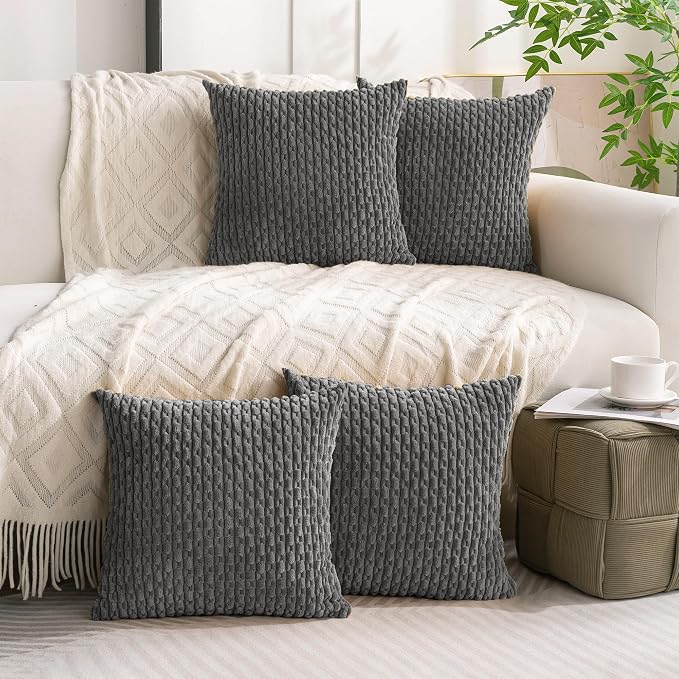 Set of 4 Dark Grey Decorative Throw Pillow Covers 20x20 Inch Corduroy Pillow Covers for Bed Couch Sofa Living Room Soft Square Cushion Cases
