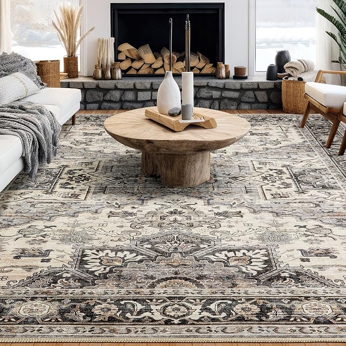 Area Rug for Living Room - 6x9 Soft Machine Washable Oriental Vintage Floral Distressed Large Indoor Floor Carpet for Bedroom Under Dining Table Home Office Decor - Brown