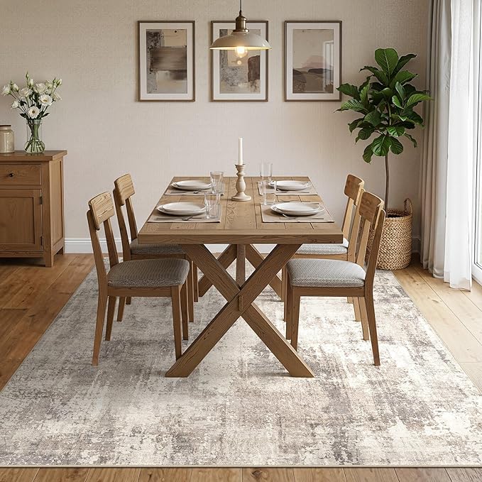 DMOYEST 5x7 Area Rug - Washable & Non Slip Indoor Rug for Living Room, Kid & Pet Friendly Abstract Low Pile Soft Carpet for Bedroom and Dining Room - Pale Brown