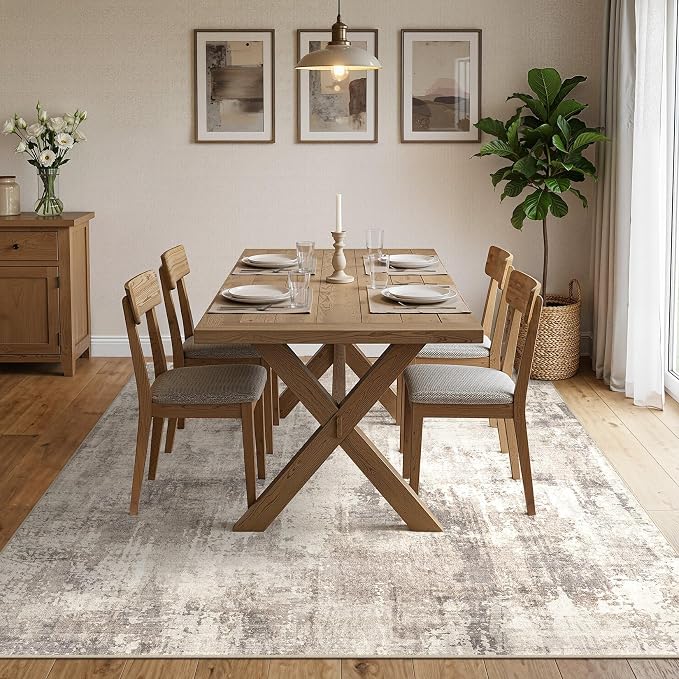 DMOYEST 10x12 Area Rug for Living Room, Washable & Non Slip Large Indoor Carpet, Kid & Pet Friendly Soft Thin Low Pile Abstract Rug for Bedroom and Office - Pale Brown