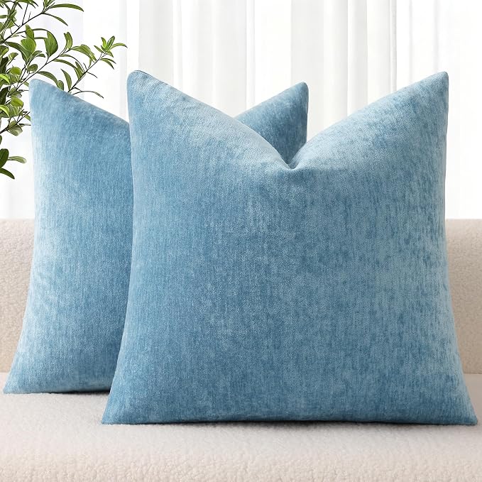 decorUhome Soft Chenille Grey Blue Throw Pillow Covers 20X20 Set of 2 | Decorative Fall Couch Pillow Covers Solid Dyed Accent Modern Farmhouse Neutral Square Pillow Cases for Sofa