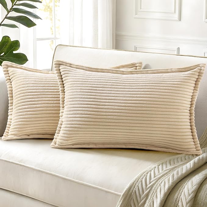 decorUhome Fall Corduroy Natural Beige Throw Pillow Covers 12x20 Set of 2 | Lumbar Couch Decorative Soft Modern Boho Farmhouse Pillow Covers Broadside Striped Pillow Cases for Living Room Bed Sofa