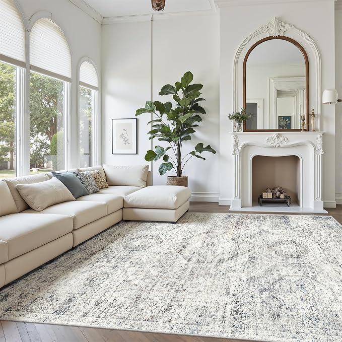 Soalmost Area Rug 10x12 Vintage Washable Living Room Large Carpet Non Slip Bedroom Indoor Office Dining Room Low Pile Thin Rug Blue Ivory