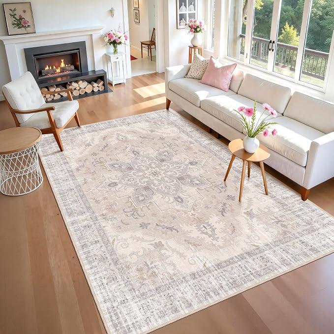 6x9 Bedroom Rug, 6x9 Area Rugs, Soft Non-Slip Vintage Medallion Rugs, Low-Pile Printed Washable Rug Carpet for Living Room, Bedroom, Kids Room, Nursery -Light Blush & Cream | 6x9 Bedroom Rug, Soft Low-Pile Printed Washable Rug Carpet for Living Room, B...