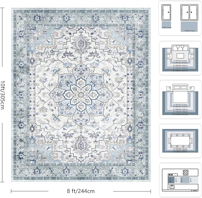 8x10 Area Rugs for Living Room - Washable Rug Vintage Distress Boho Medallion Rugs for Bedroom, Soft Non-Slip Backing Low Pile Carpet for Dining Room Office Nursery Home, Blue Grey Purple