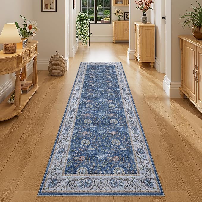 DUKINO 2x6 Runner Rug, Washable Vintage Floral Kitchen Rug, Sky Blue | Non Slip, Low Pile, Non-Shedding, Stain Resistant Soft Carpet Runner for Hallway Bathroom Entryway Bedroom Laundry Farmhouse