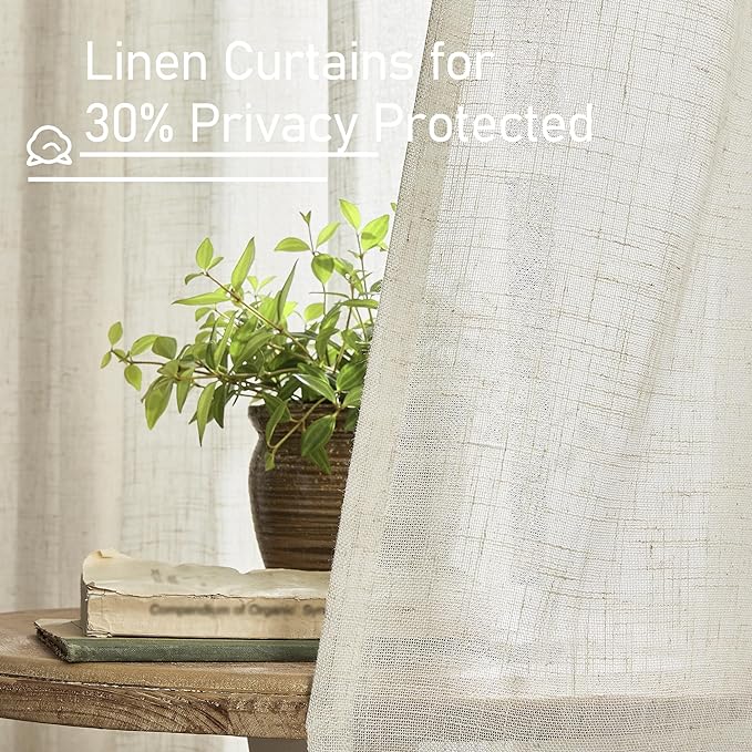LAMIT Natural Semi Sheer Linen Curtains, Cream Ivory Light Filtering Panels Back Tab and Rod Pocket Neutral Drapes for Bedroom/Living Room, Natural, 2 Panels, 34 x 60 Inch