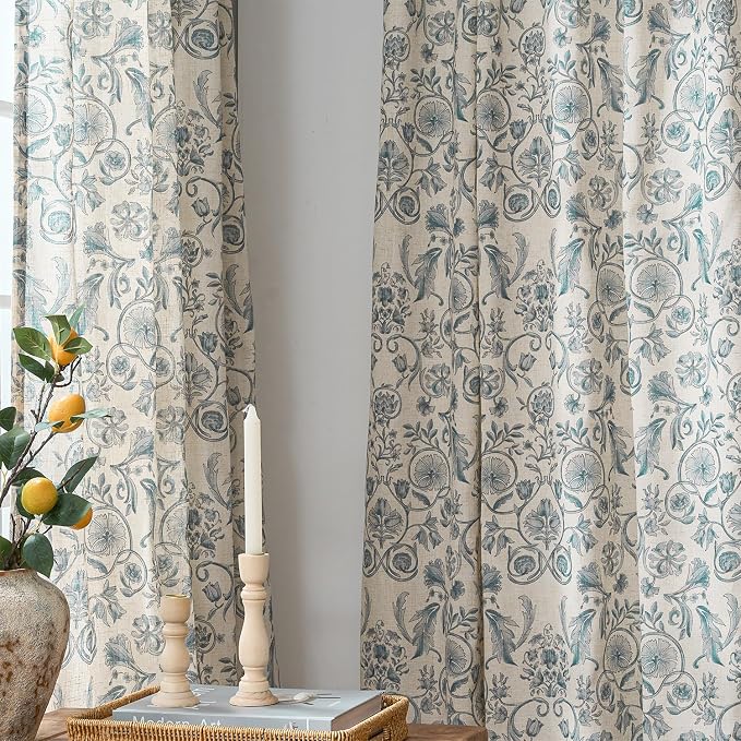 jinchan Linen Floral Curtains for Living Room with Printed Flower 63 Inches Long Light Filtering Farmhouse Window Treatment Vintage Short Drapes Back Tab Rod Pocket 2 Panels Blue on Beige