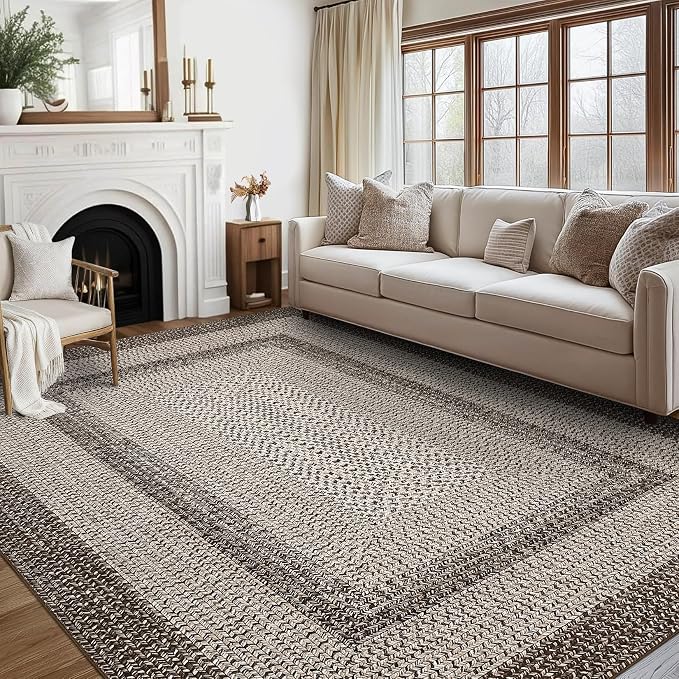 RUGSREAL Washable Rugs 5x7 Living Room Boho Throw Rug Stain Resistant Braided Print Border Large Carpet for Bedroom with Rubber Backing Low Pile Farmhouse Rustic Rug for Home Decor Office, Mocha