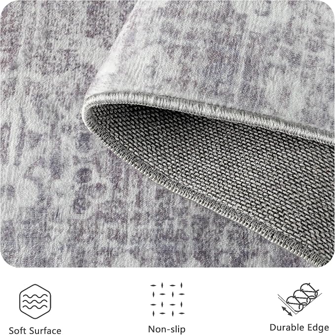 5x7 Area Rugs, Washable Vintage Retro Floral Rug for Living Room, Low Pile Non Slip Distressed Large Carpet for Bedroom, Dining Room, Office, Home (Vintage Purple Grey)