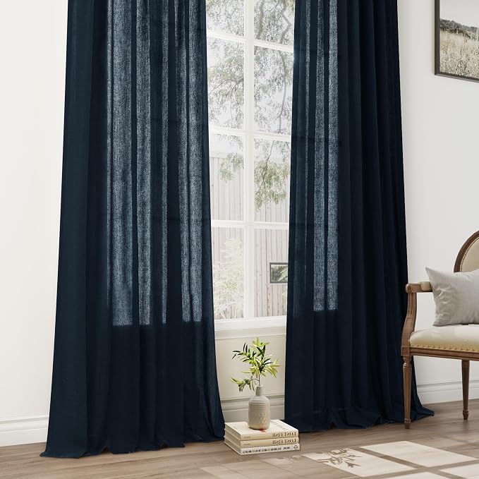 Navy Blue Pleated Linen Curtains 96 Inches Long for Living Room 2 Panel Set Semi Sheer Light Filtering Pinch Pleat with Hooks Back Tab Drapes Neutral Boho 96 Inch Curtain for Bedroom Window 40x96