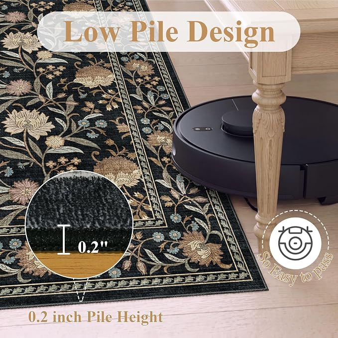 DUKINO 2x4 Rug, Washable Vintage Floral Entryway Rug Non Slip, Black | Low Pile, Non-Shedding, Stain Resistant Boho Lightweight Soft Indoor Carpet for Kitchen Bathroom Hallway Laundry Farmhouse