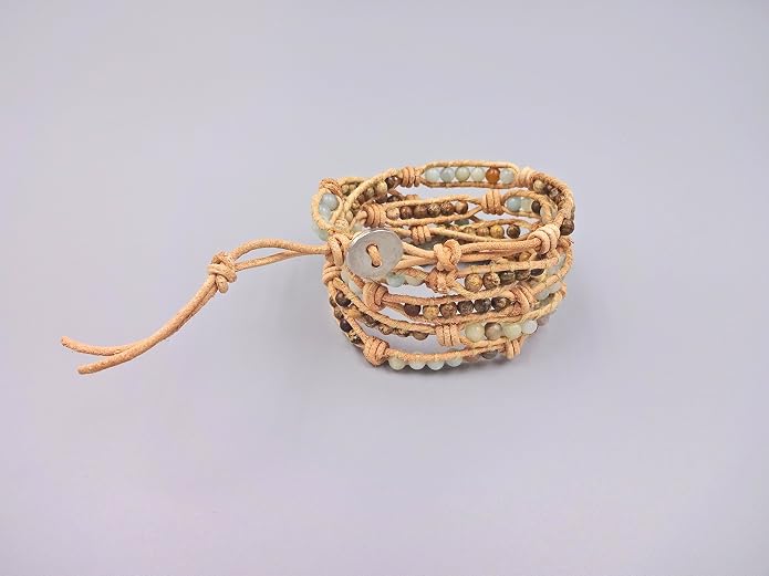 MGR MY GEMS ROCK! 35-Inch Long Multi-Layer Hand Crafted Gemstone and Crystal Multi-Stone Beaded on Genuine Leather Boho Style Stackable Super Wrap Bracelet, up to 5 Wraps.