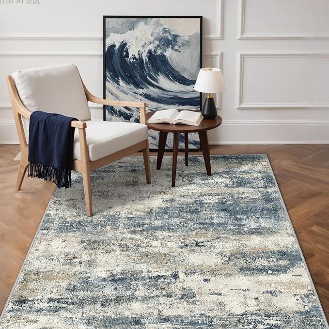 GENIMO 3x5 Rug for Entryway Washable Area Rug, Modern Abstract Small Throw Rugs for Entrance Living Room, Bedroom Beside, Non-Slip Low Pile Lightweight Soft Carpet, Navy Blue