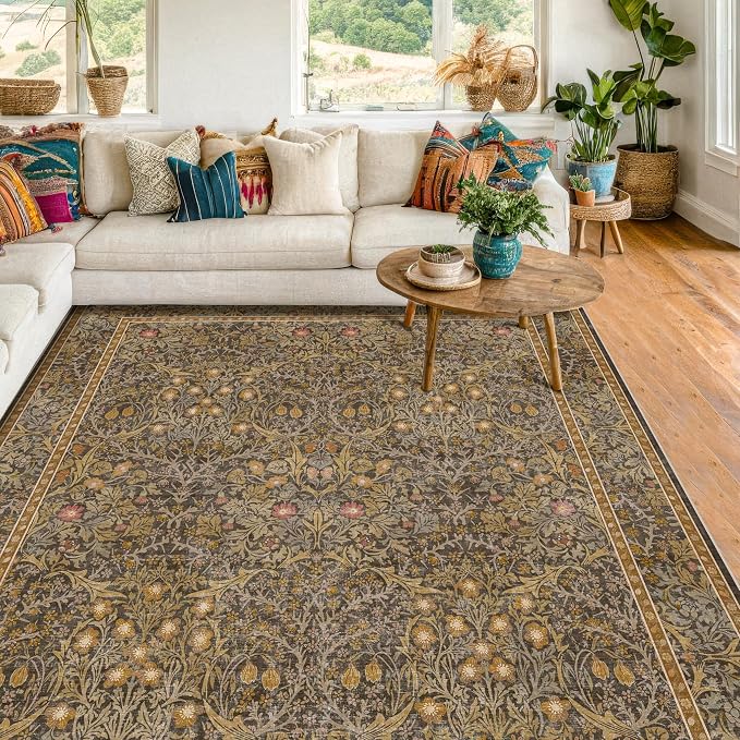 Washable Brown Oriental 5x8 Area Rug for Living Room, Dining Room, Low Pile Non-Slip Floor Carpet for Bedroom - Vintage Floral Design & Stain Resistance