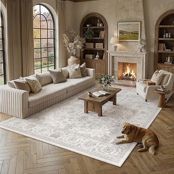 PureCozy 6x9 Gray Living Room Area Rug Vintage Washable Non Slip Indoor Carpet Distressed Low Pile Soft Retro Accent Throw Grey Large Rug for Bedroom Dining Room Office