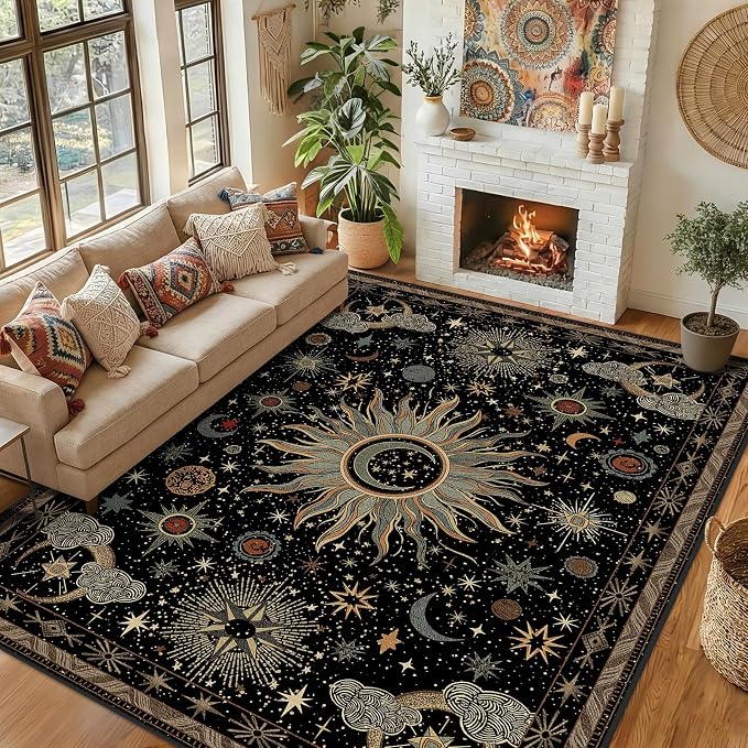 Vacuum-Friendly, 9x12 Washable Area Rug, Black Green Beige | Sun and Moon Boho Gothic Non-Slip Low Pile Living Roon Bedroom Dining Room Kitchen Entry Entryway Entrance Hallway Doormat
