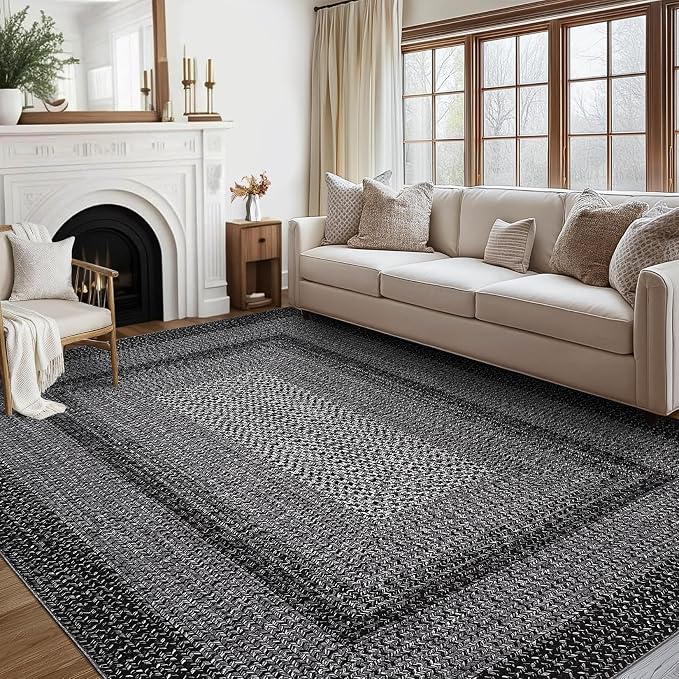 9x12 Living Room Rug Large Washable Rug Non Slip Boho Accent Braided Print Carpet Indoor Throw Floor Cover Farmhouse Rustic Area Rug Bohemian Border Carpet for Bedroom Home Decor, Black