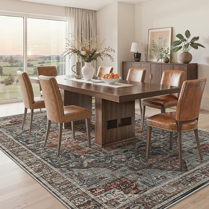 Roxstand 5x7 Washable Area Rugs, Non Slip Living Room Rug Grey/Brown/Tan | Low Pile Vintage Rug, Stain Resistant, Non-Shedding Design, Pet & Kid Friendly, Carpet for Bedroom, Dining Room Office