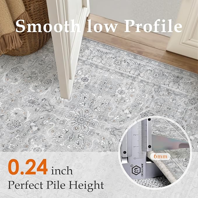 PureCozy Gray 8x10 Area Rug Washable Living Room Vintage Carpet Bedroom Large Indoor Non Slip Soft Low Pile Thin Stain Resistant Distressed Accent Throw Rug for Dining Office Nursery